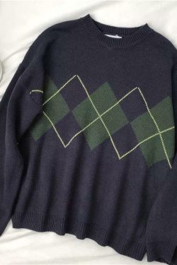 Y2K Grunge Argyle Loose Sweater - Retro 90s Fashion, Summer Outfits, and Pastel Goth Style