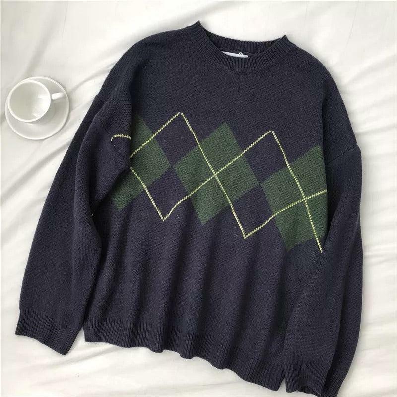 Y2K Grunge Argyle Loose Sweater - Retro 90s Fashion, Summer Outfits, and Pastel Goth Style