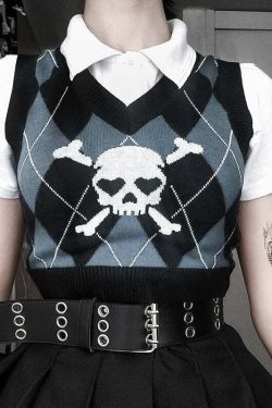 Y2K Grunge Argyle Skull Knitted Sweater Vest - Retro 90s Fashion, Gothic Y2K, Pastel Goth