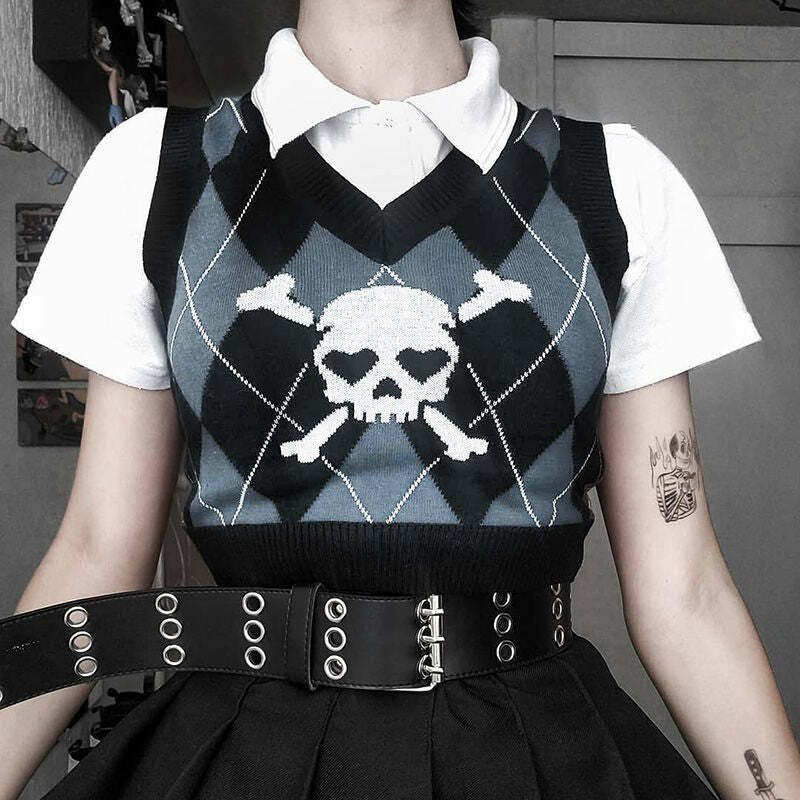 Y2K Grunge Argyle Skull Knitted Sweater Vest - Retro 90s Fashion, Gothic Y2K, Pastel Goth