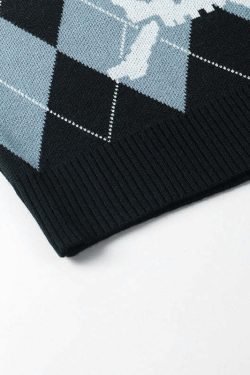 Y2K Grunge Argyle Skull Knitted Sweater Vest - Retro 90s Fashion, Gothic Y2K, Pastel Goth