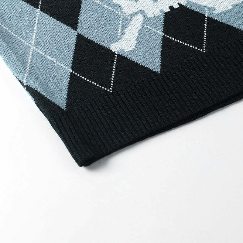 Y2K Grunge Argyle Skull Knitted Sweater Vest - Retro 90s Fashion, Gothic Y2K, Pastel Goth