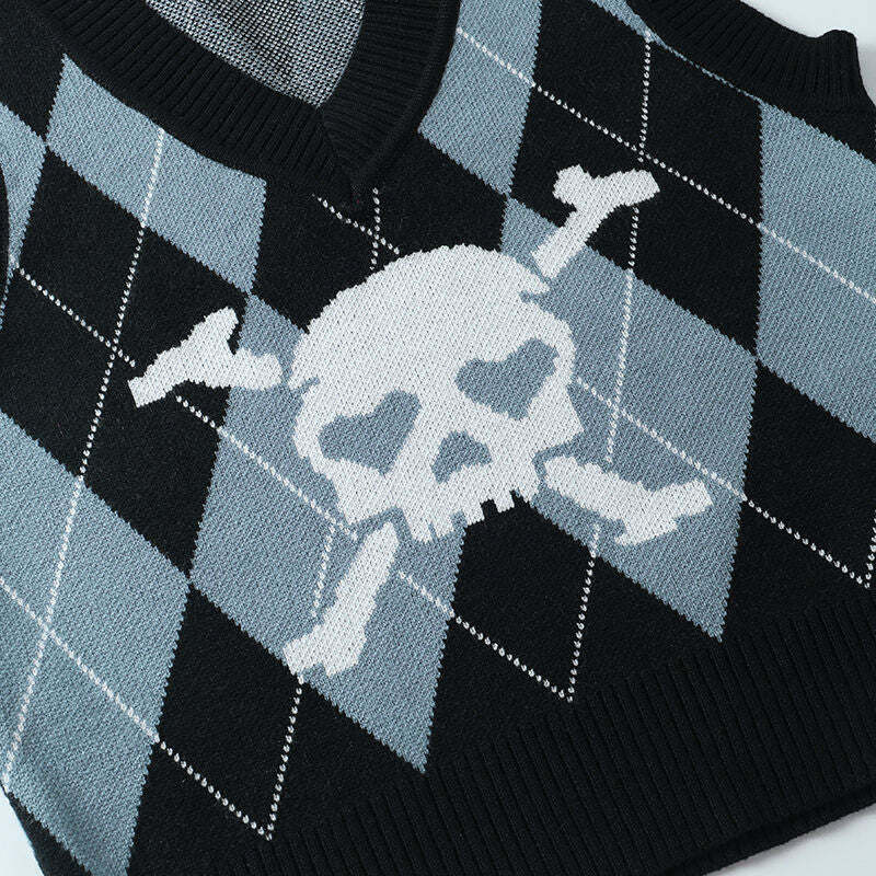 Y2K Grunge Argyle Skull Knitted Sweater Vest - Retro 90s Fashion, Gothic Y2K, Pastel Goth