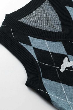 Y2K Grunge Argyle Skull Knitted Sweater Vest - Retro 90s Fashion, Gothic Y2K, Pastel Goth