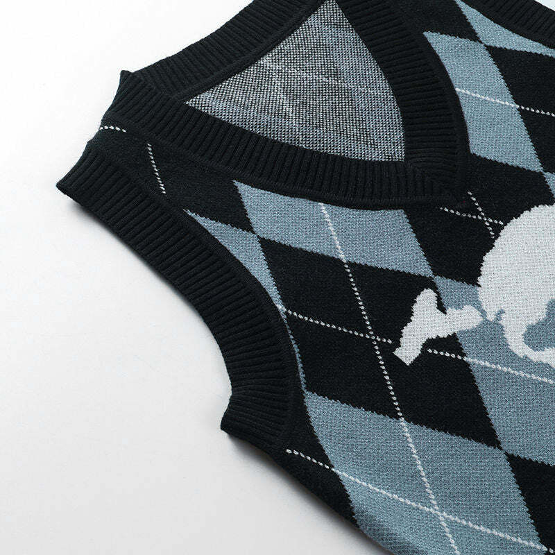 Y2K Grunge Argyle Skull Knitted Sweater Vest - Retro 90s Fashion, Gothic Y2K, Pastel Goth