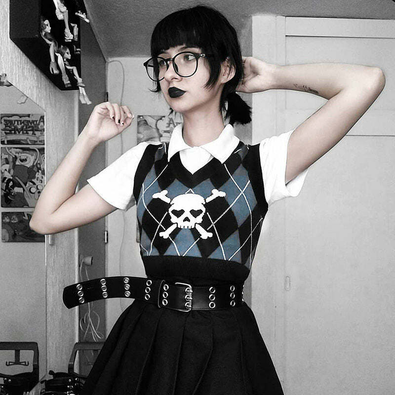 Y2K Grunge Argyle Skull Knitted Sweater Vest - Retro 90s Fashion, Gothic Y2K, Pastel Goth
