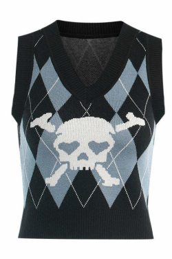 Y2K Grunge Argyle Skull Knitted Sweater Vest - Retro 90s Fashion, Gothic Y2K, Pastel Goth
