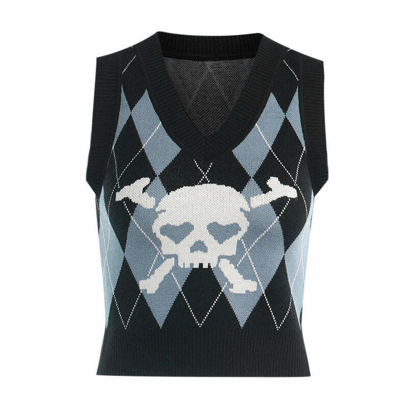 Y2K Grunge Argyle Skull Knitted Sweater Vest - Retro 90s Fashion, Gothic Y2K, Pastel Goth