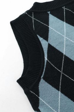 Y2K Grunge Argyle Skull Knitted Sweater Vest - Retro 90s Fashion, Gothic Y2K, Pastel Goth
