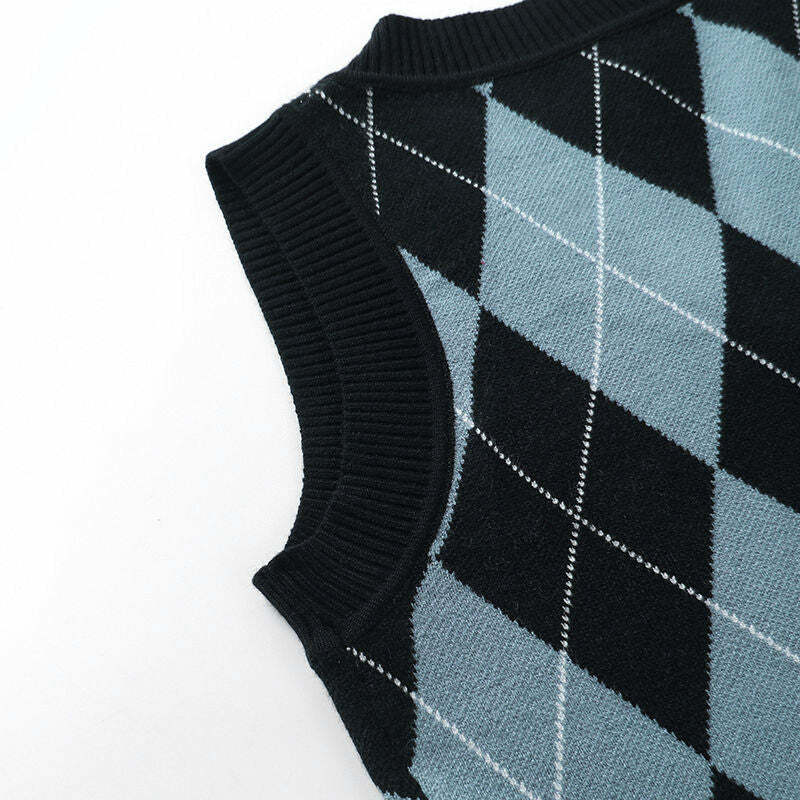 Y2K Grunge Argyle Skull Knitted Sweater Vest - Retro 90s Fashion, Gothic Y2K, Pastel Goth