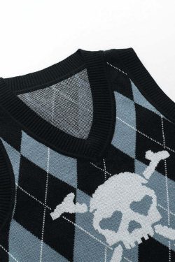 Y2K Grunge Argyle Skull Knitted Sweater Vest - Retro 90s Fashion, Gothic Y2K, Pastel Goth