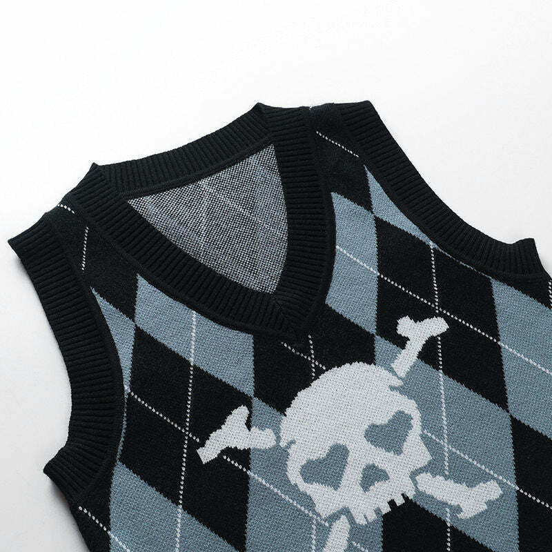 Y2K Grunge Argyle Skull Knitted Sweater Vest - Retro 90s Fashion, Gothic Y2K, Pastel Goth