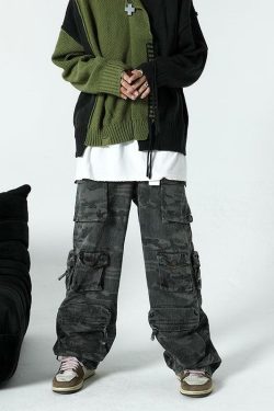 Y2K Grunge Ash Dark Spotted Camo Cargo Pants - 90s Retro Summer Outfit Essentials