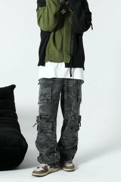 Y2K Grunge Ash Dark Spotted Camo Cargo Pants - 90s Retro Summer Outfit Essentials