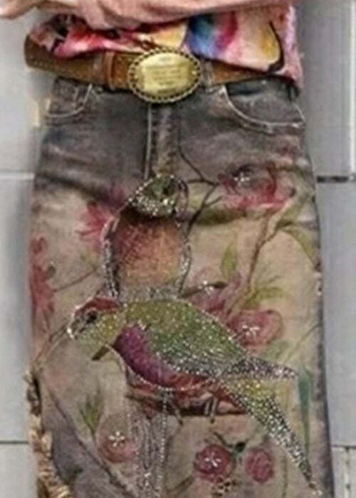 Y2K Grunge Asymmetrical Denim Skirt with Classy Print Sashes - Retro 90s Summer Fashion