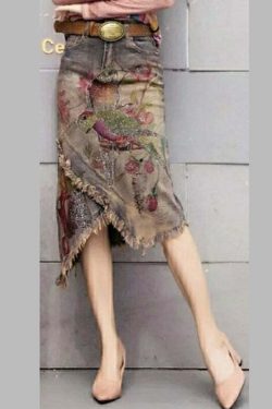 Y2K Grunge Asymmetrical Denim Skirt with Classy Print Sashes - Retro 90s Summer Fashion