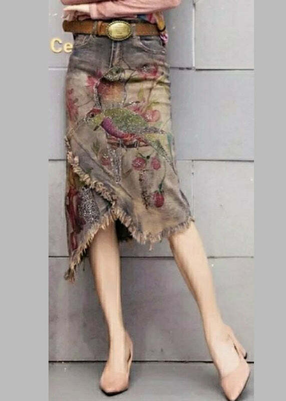 Y2K Grunge Asymmetrical Denim Skirt with Classy Print Sashes - Retro 90s Summer Fashion