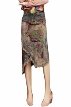 Y2K Grunge Asymmetrical Denim Skirt with Classy Print Sashes - Retro 90s Summer Fashion