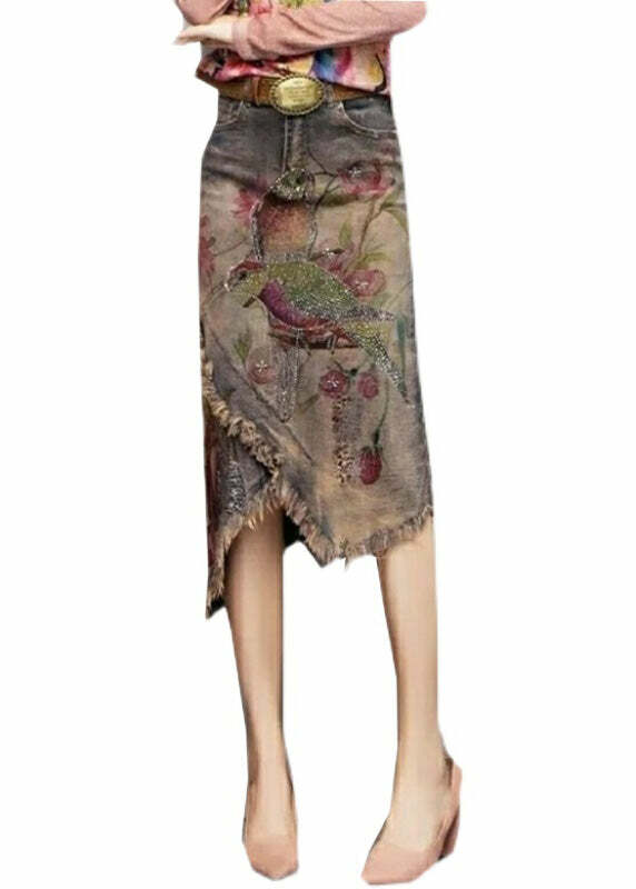 Y2K Grunge Asymmetrical Denim Skirt with Classy Print Sashes - Retro 90s Summer Fashion