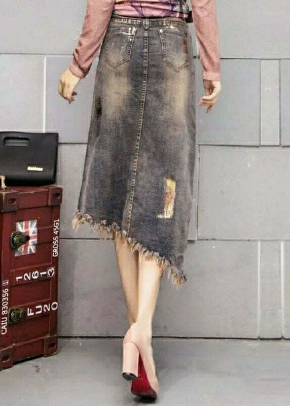Y2K Grunge Asymmetrical Denim Skirt with Classy Print Sashes - Retro 90s Summer Fashion