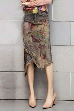 Y2K Grunge Asymmetrical Denim Skirt with Classy Print Sashes - Retro 90s Summer Fashion
