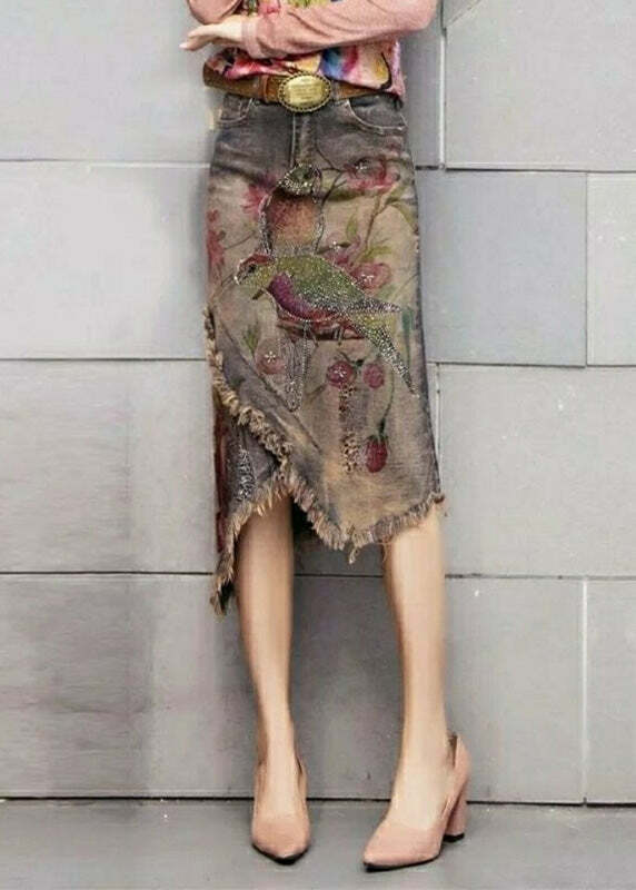 Y2K Grunge Asymmetrical Denim Skirt with Classy Print Sashes - Retro 90s Summer Fashion