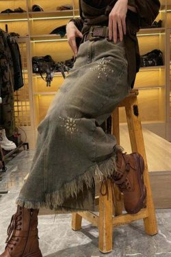 Y2K Grunge Asymmetrical Patchwork Tassel Sequin Denim Maxi Skirt - Retro 90s Summer Fashion