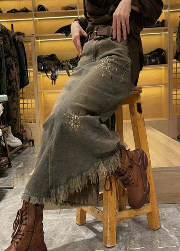Y2K Grunge Asymmetrical Patchwork Tassel Sequin Denim Maxi Skirt - Retro 90s Summer Fashion