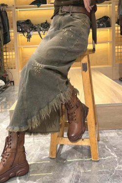 Y2K Grunge Asymmetrical Patchwork Tassel Sequin Denim Maxi Skirt - Retro 90s Summer Fashion