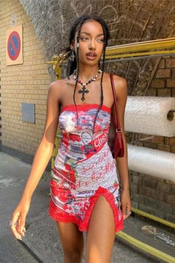 Y2K Grunge Ave Printed Mini Dress - Retro 90s Summer Outfit, Perfect for Y2K Party & Club Nights