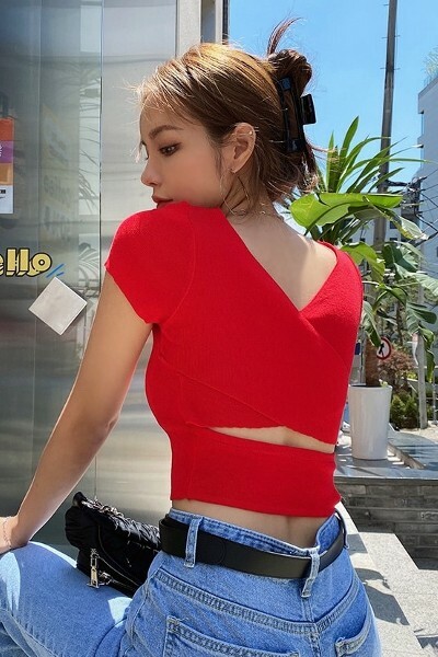 Y2K Grunge Back Cross V Neck Crop Knit Top - 90s Summer Retro Style, Perfect for Y2K Outfits