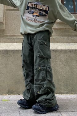Y2K Grunge Baggy Green Cargo Pants - 90s Retro Summer Outfit, Y2K Fashion Essentials