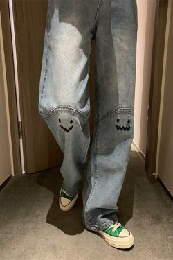 Y2K Grunge Baggy Mood Embroidered Jeans - Retro 90s Fashion, Summer Y2K Outfits