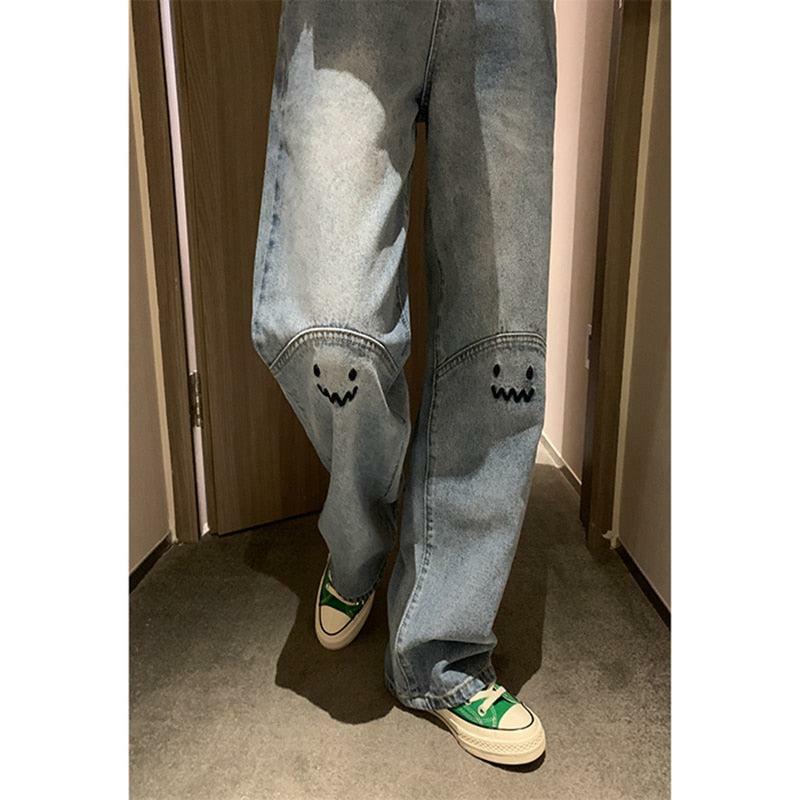 Y2K Grunge Baggy Mood Embroidered Jeans - Retro 90s Fashion, Summer Y2K Outfits