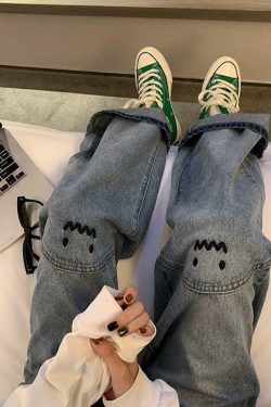 Y2K Grunge Baggy Mood Embroidered Jeans - Retro 90s Fashion, Summer Y2K Outfits