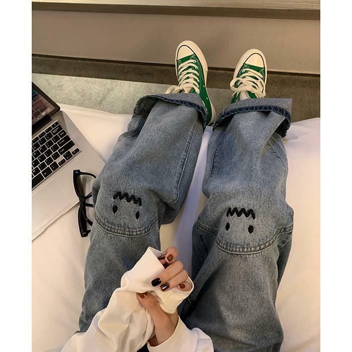 Y2K Grunge Baggy Mood Embroidered Jeans - Retro 90s Fashion, Summer Y2K Outfits