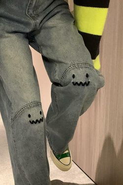 Y2K Grunge Baggy Mood Embroidered Jeans - Retro 90s Fashion, Summer Y2K Outfits