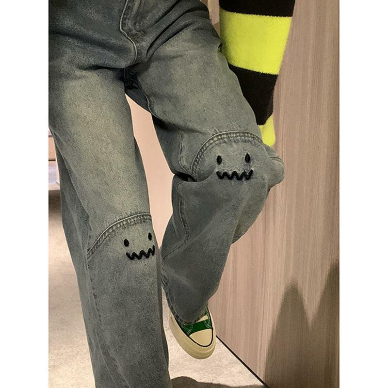 Y2K Grunge Baggy Mood Embroidered Jeans - Retro 90s Fashion, Summer Y2K Outfits