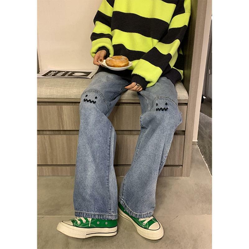 Y2K Grunge Baggy Mood Embroidered Jeans - Retro 90s Fashion, Summer Y2K Outfits