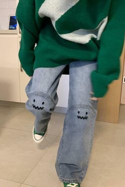 Y2K Grunge Baggy Mood Embroidered Jeans - Retro 90s Fashion, Summer Y2K Outfits