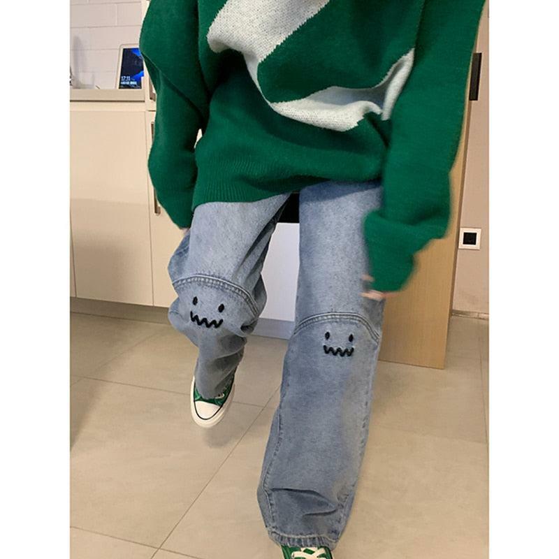 Y2K Grunge Baggy Mood Embroidered Jeans - Retro 90s Fashion, Summer Y2K Outfits