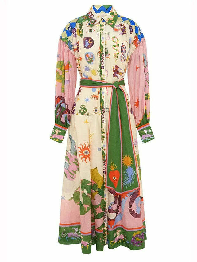 Y2K Grunge Balloon Sleeve Midi Dress - Stylish Pattern Shirt for Retro 90s Summer Outfits