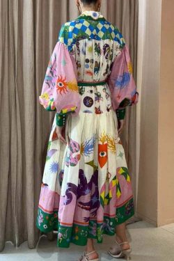 Y2K Grunge Balloon Sleeve Midi Dress - Stylish Pattern Shirt for Retro 90s Summer Outfits