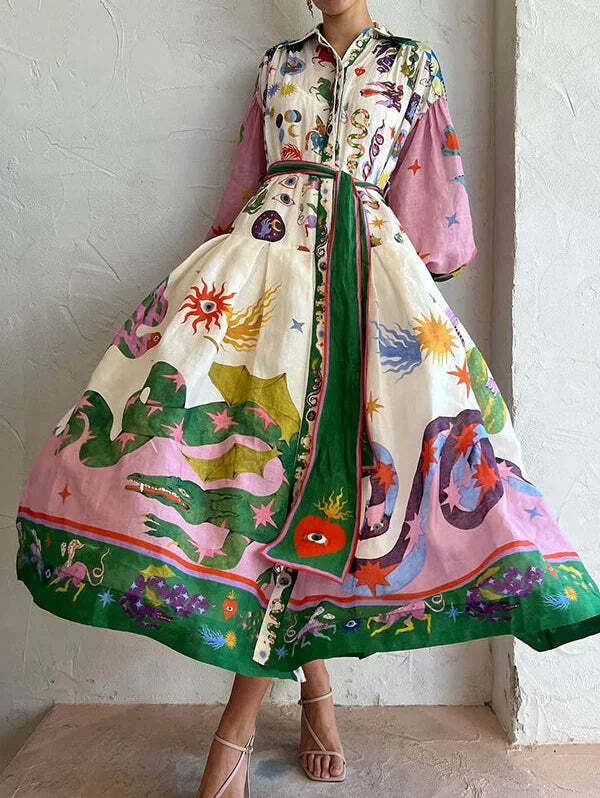Y2K Grunge Balloon Sleeve Midi Dress - Stylish Pattern Shirt for Retro 90s Summer Outfits