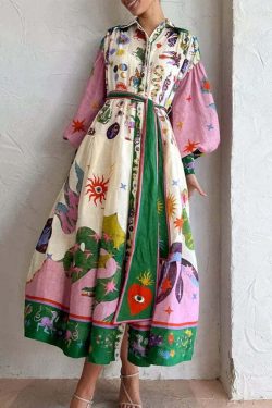 Y2K Grunge Balloon Sleeve Midi Dress - Stylish Pattern Shirt for Retro 90s Summer Outfits