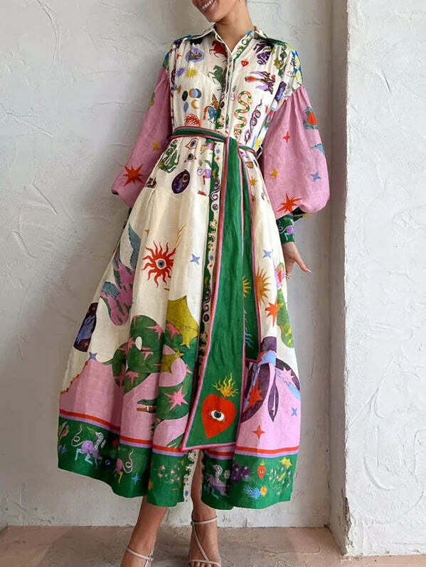 Y2K Grunge Balloon Sleeve Midi Dress - Stylish Pattern Shirt for Retro 90s Summer Outfits
