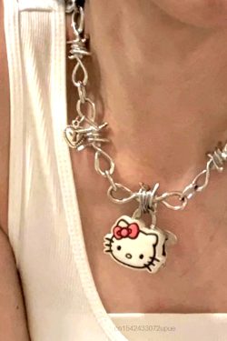 Y2K Grunge Barbwire Hello Kitty Pendant Necklace - Retro 90s Fashion, Gothic Y2K, Popstar Style