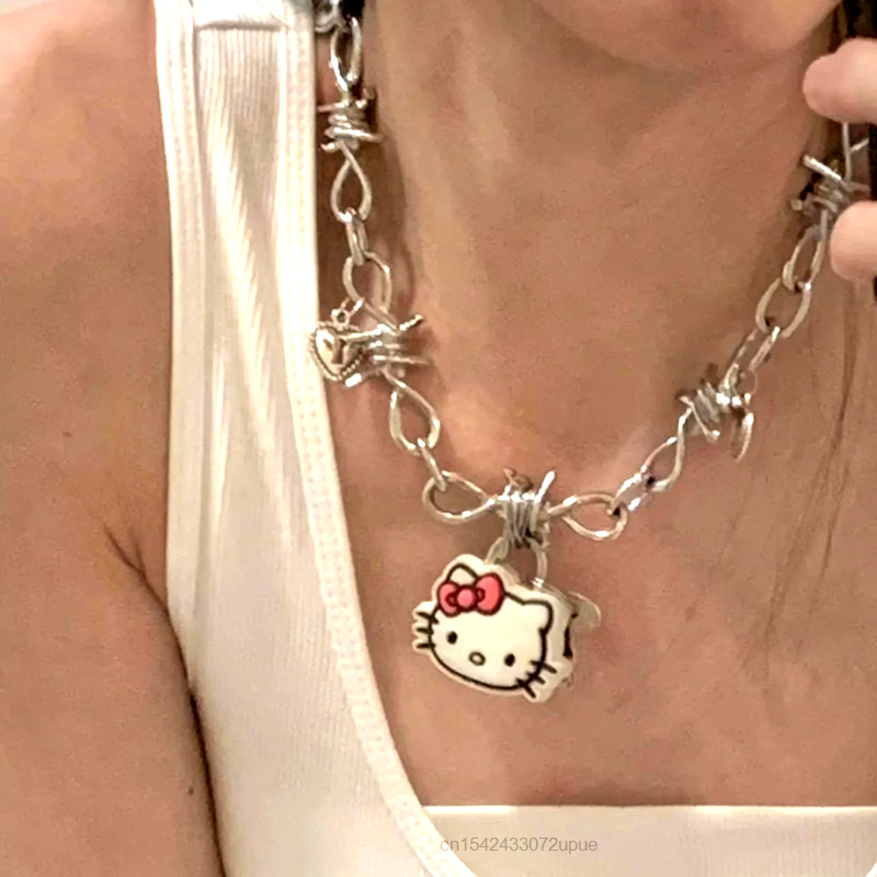 Y2K Grunge Barbwire Hello Kitty Pendant Necklace - Retro 90s Fashion, Gothic Y2K, Popstar Style