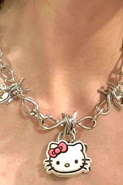 Y2K Grunge Barbwire Hello Kitty Pendant Necklace - Retro 90s Fashion, Gothic Y2K, Popstar Style