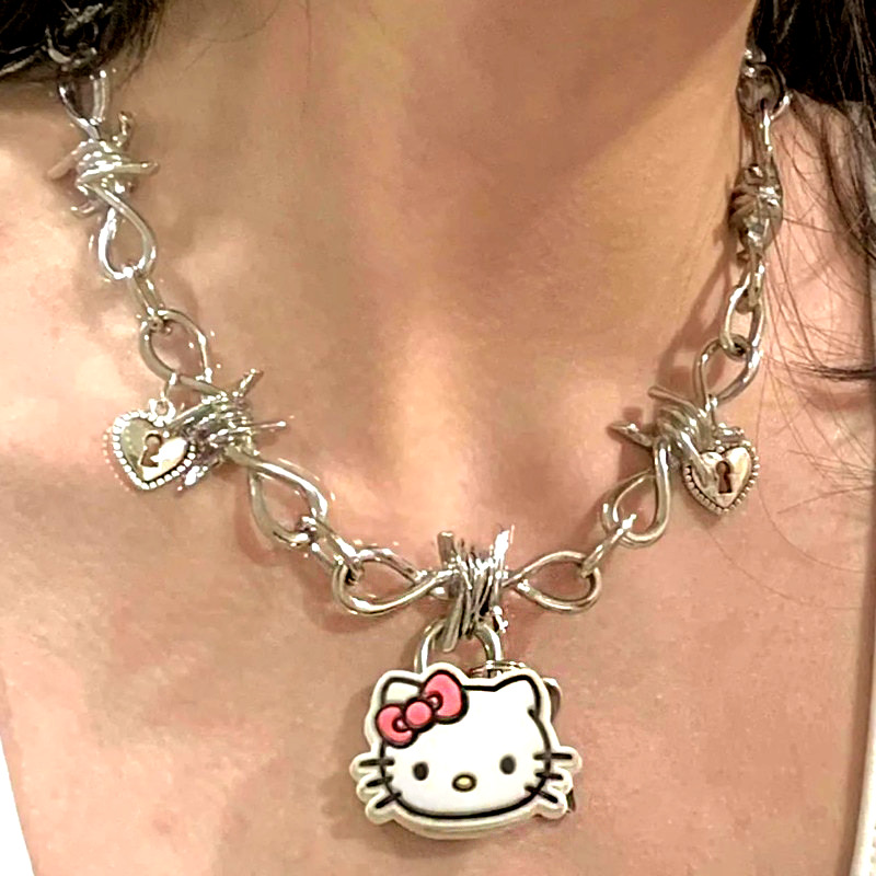 Y2K Grunge Barbwire Hello Kitty Pendant Necklace - Retro 90s Fashion, Gothic Y2K, Popstar Style